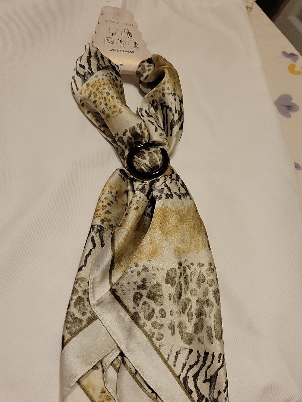 Animal-Print Silk-Look Scarf with Ring - Beige and Olive